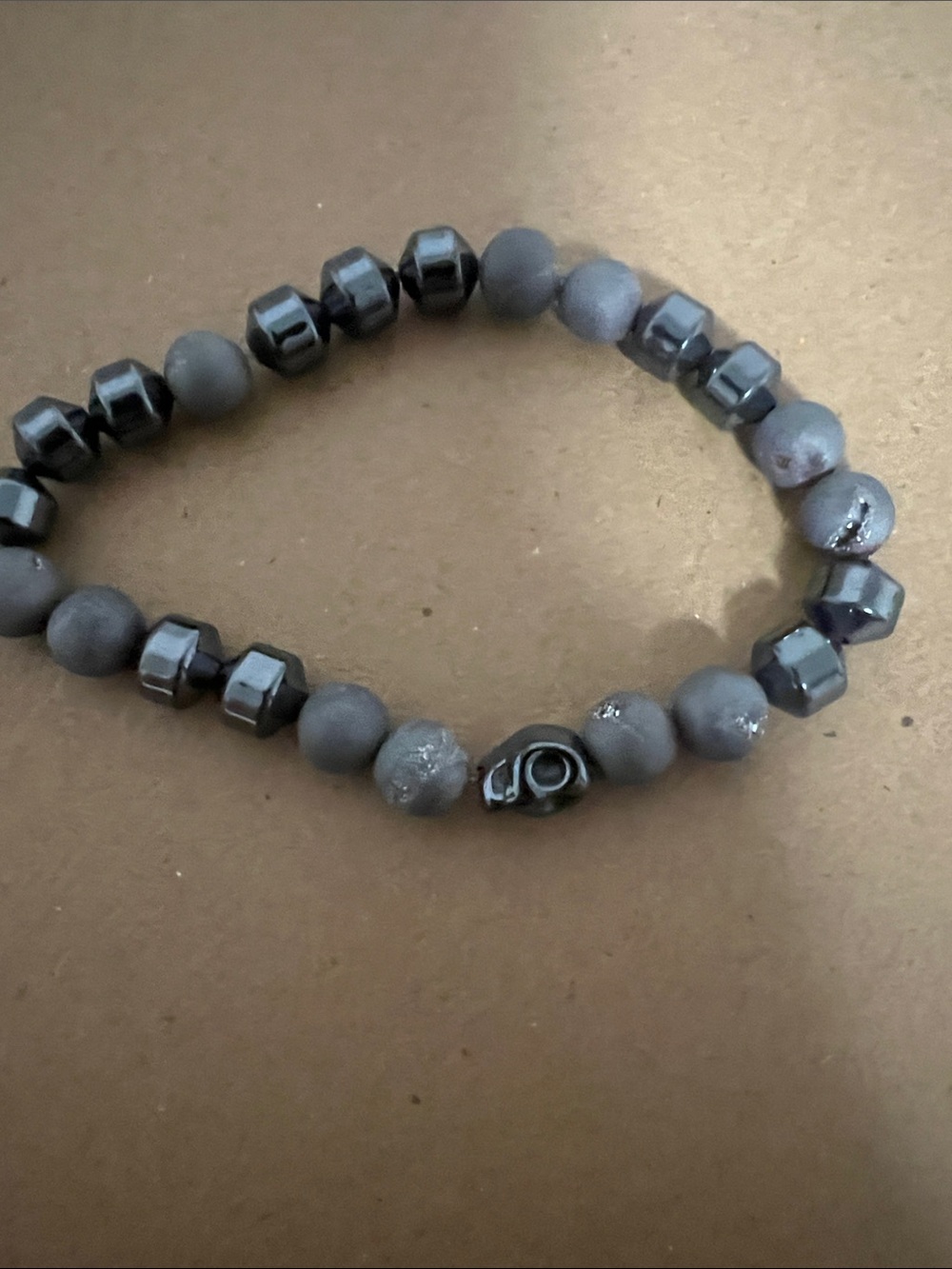 Gray Beaded Bracelet with Skull Accent